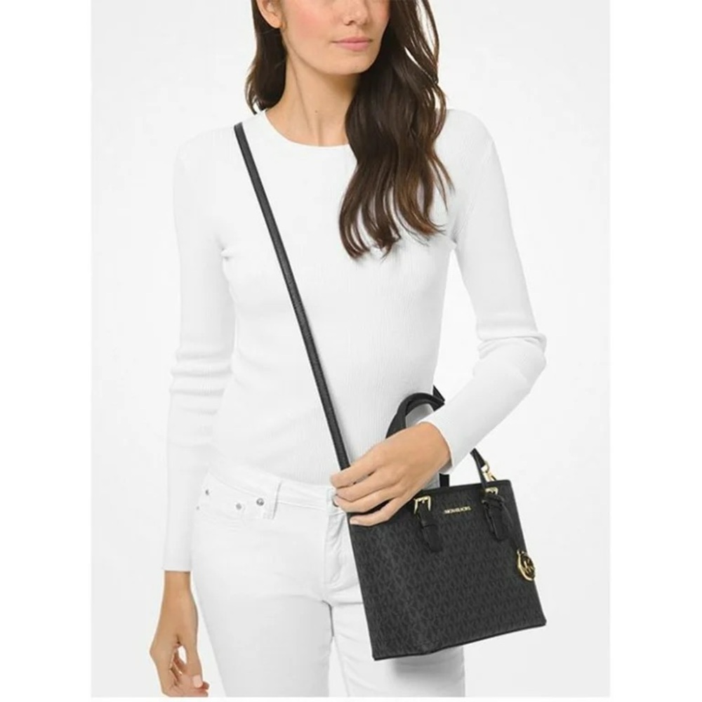 Michael Kors Black Logo Mini Satchel with Gold Hardware